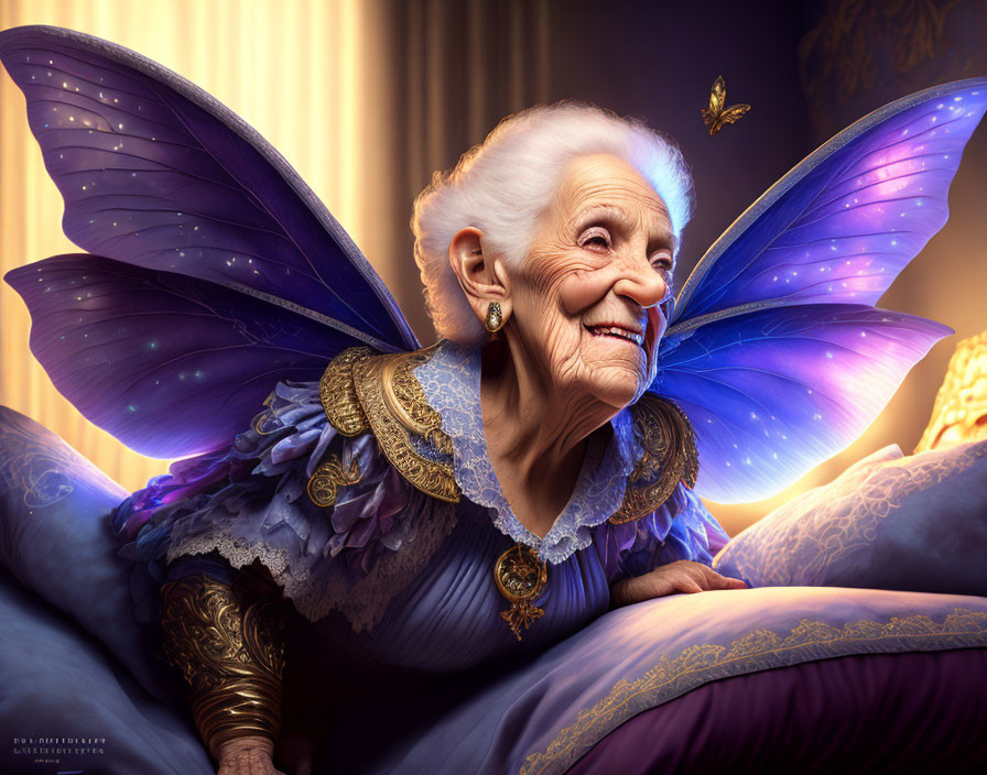 Elderly Woman as Fairy with Blue Wings and Butterfly Companion