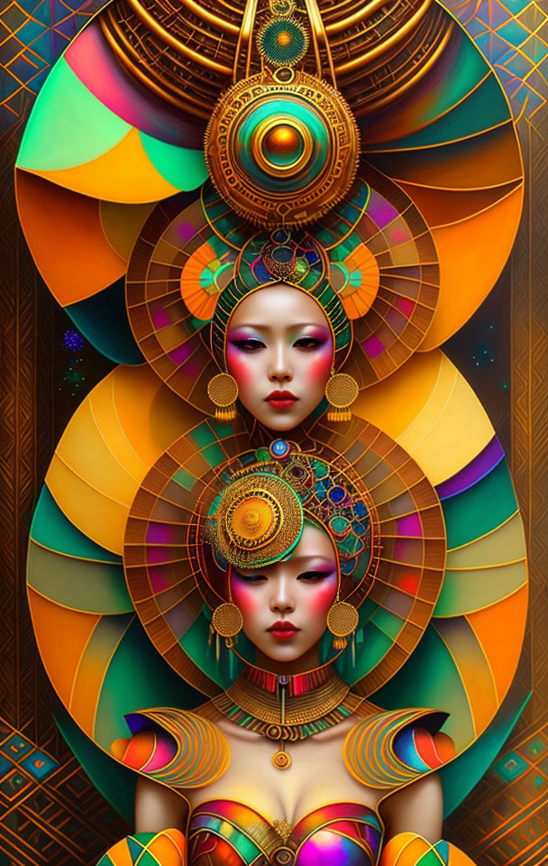 Colorful digital artwork of two women with intricate headdresses and makeup against ornate background