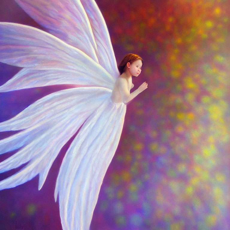 Ethereal fairy with large wings in starry, colorful setting