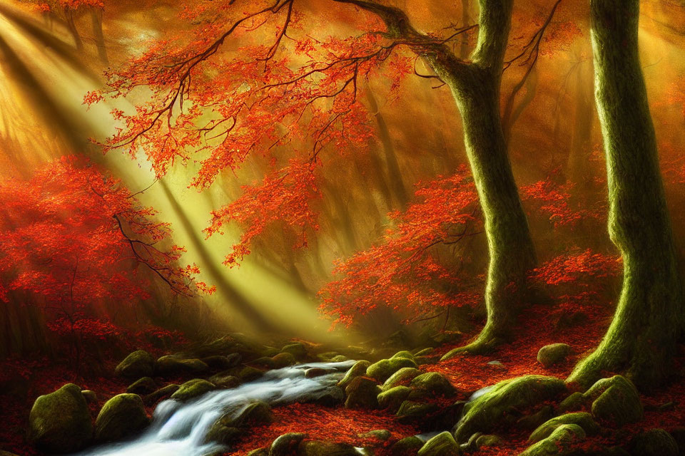 Autumn forest scene with sunlight, stream, red and orange leaves