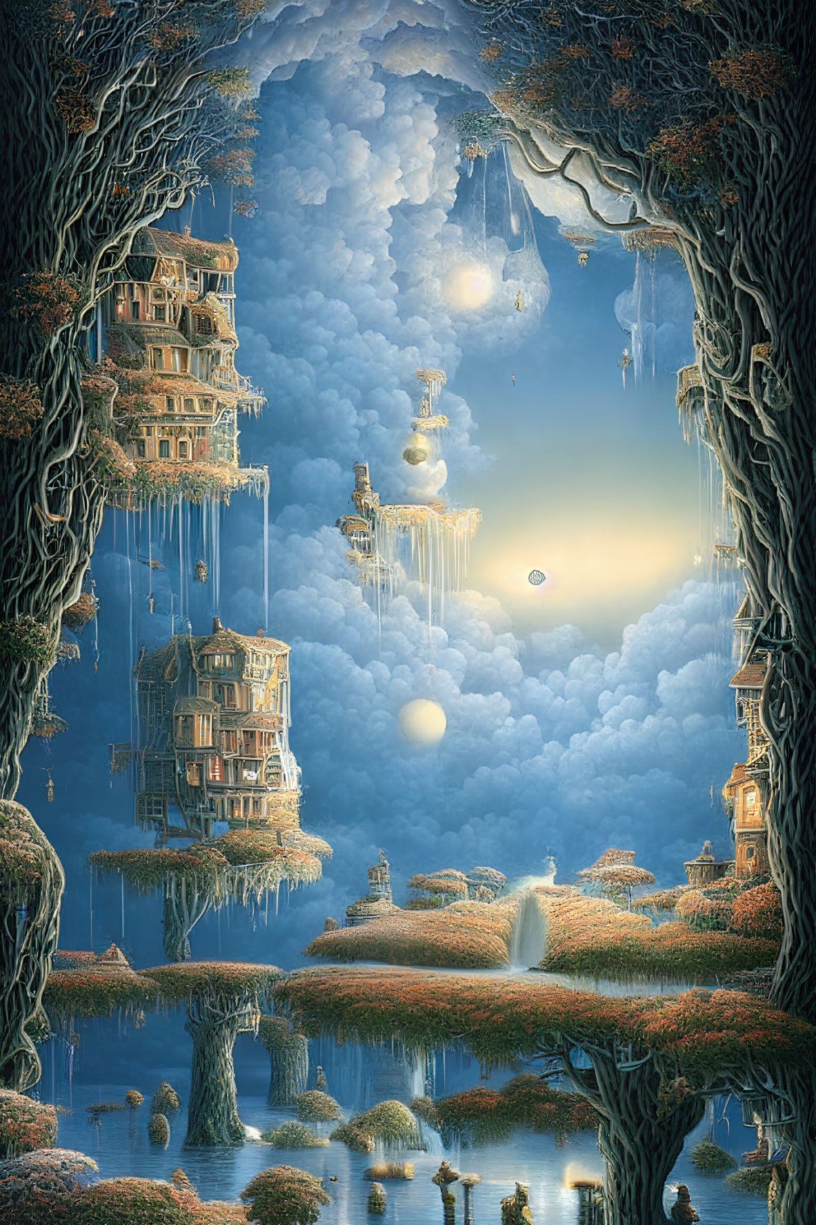 Fantastical landscape with tree-bound buildings and glowing orbs in the sky