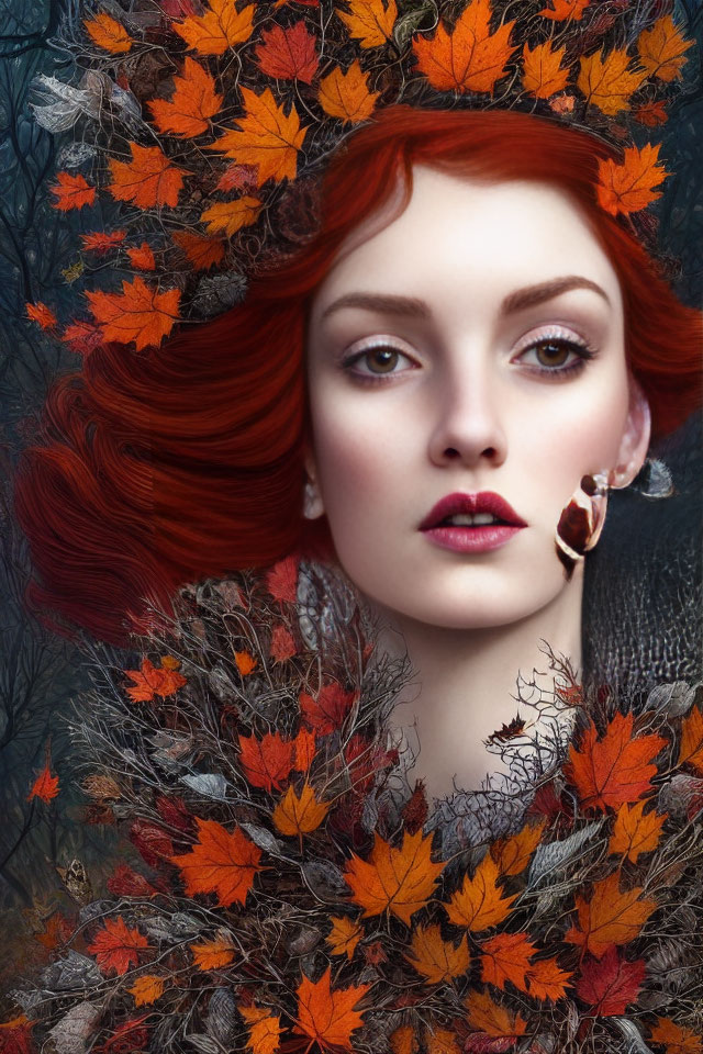 Vibrant red-haired woman with autumn leaves, serene expression, and nature theme.