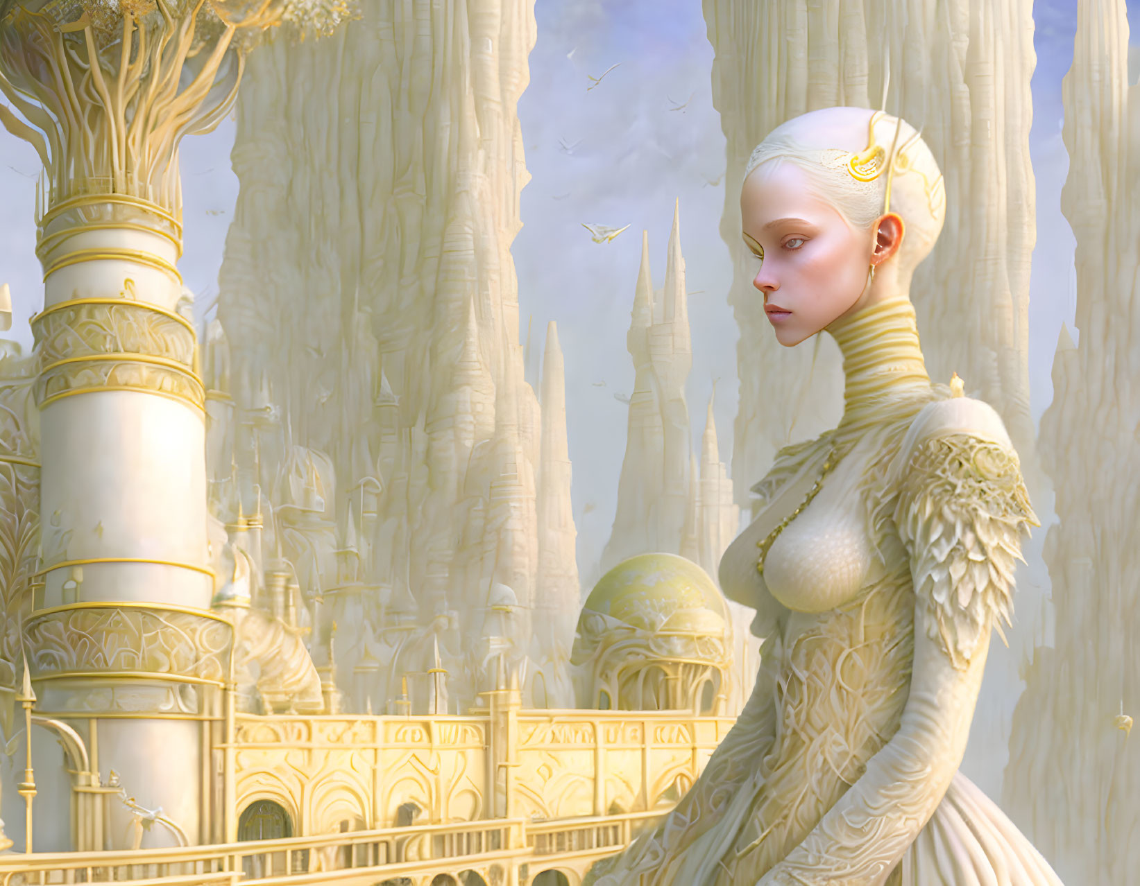 Fantasy illustration of pensive woman in ornate white garb with golden spires backdrop