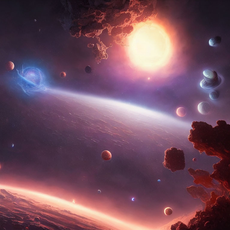 Bright star, planets, asteroids, and galaxy in colorful cosmic scene