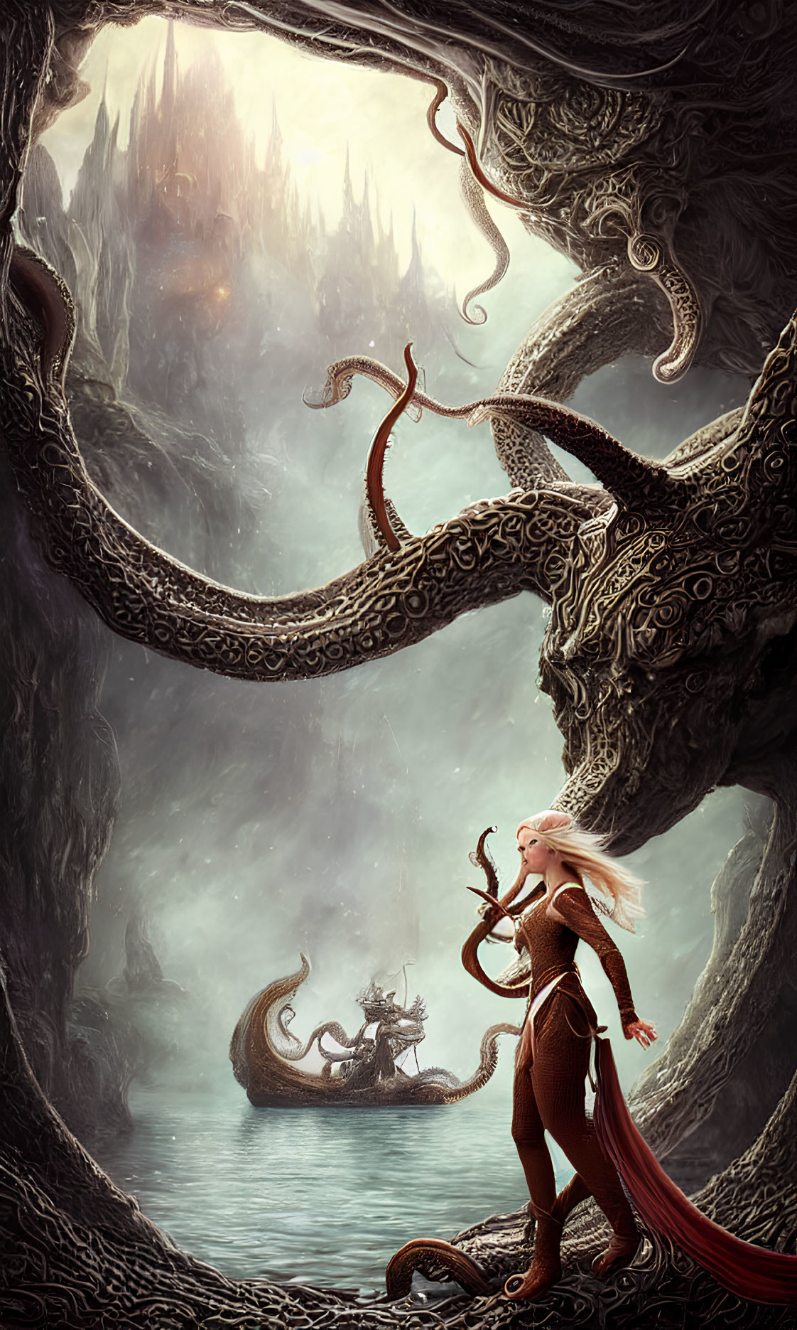 Fantasy artwork of woman with horned creature in mysterious cavern with tentacles