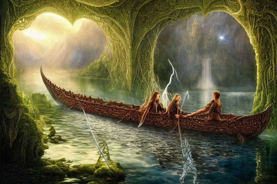 Fantasy scene: Three people rowing in ornate boat under heart-shaped archway.