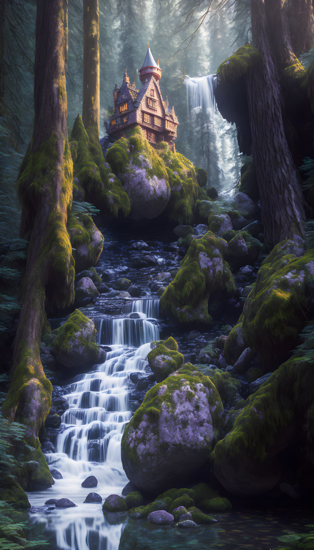 Mystical forest with moss-covered trees, waterfall, and castle on rock