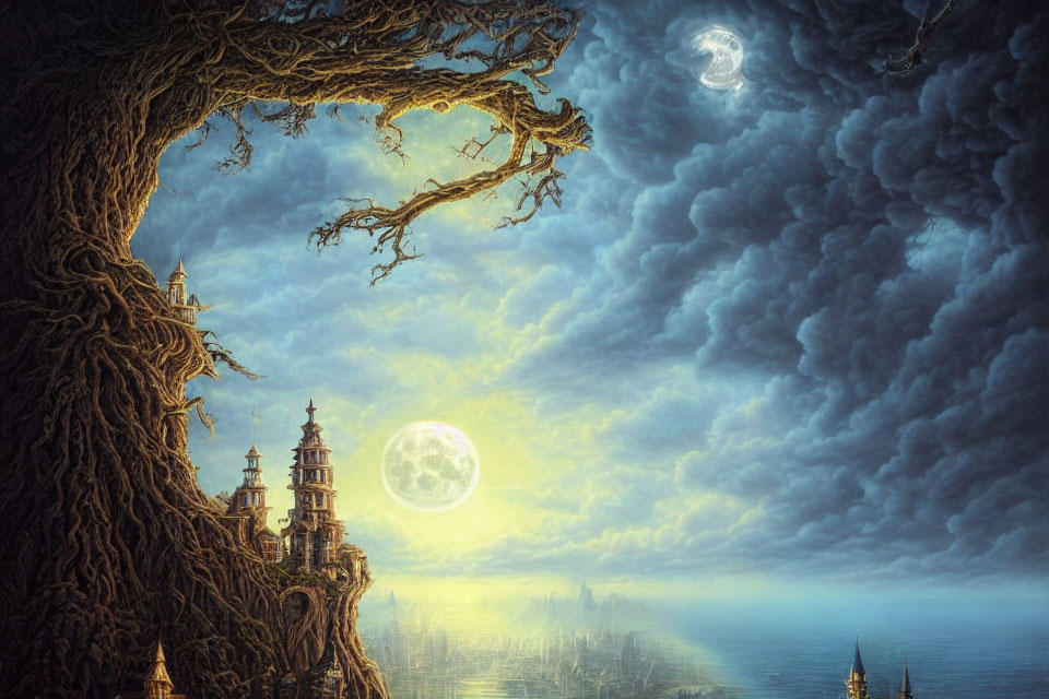 Nighttime landscape with massive tree, moons, clouds, and illuminated castle.