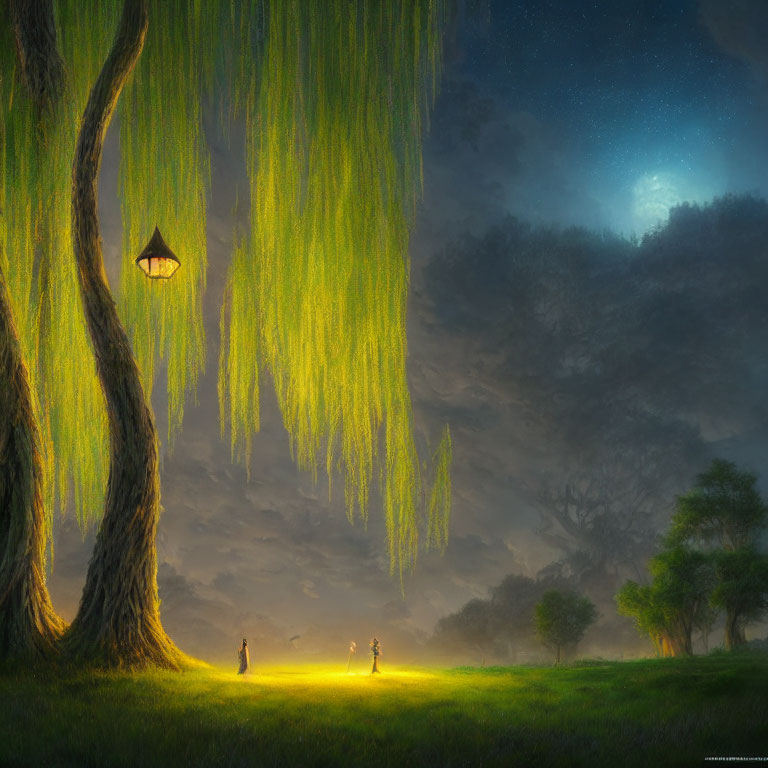 Tranquil night scene with two people under a large tree, lantern, and glowing moon