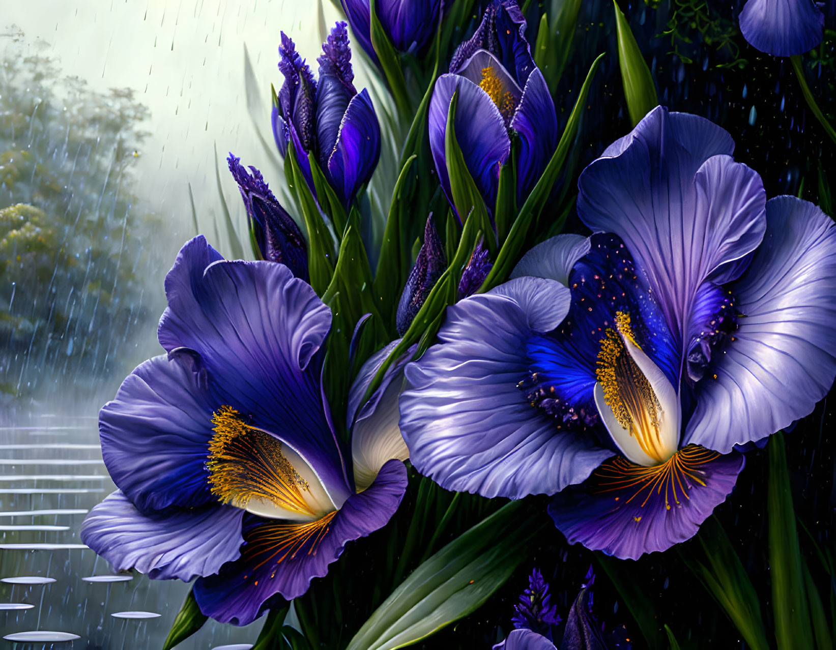 Colorful Iris Flowers with Raindrops on Petals & Blurred Background