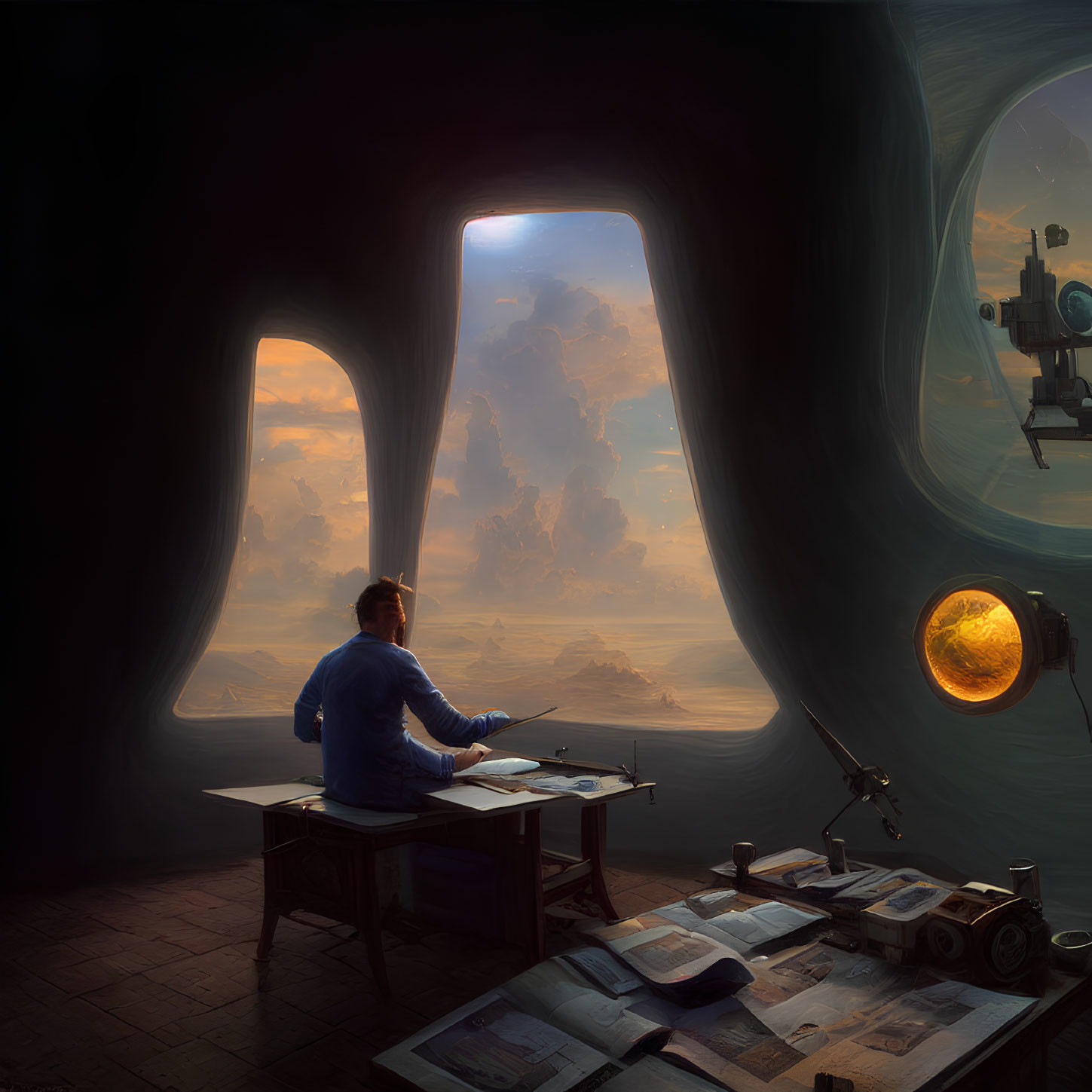 Person at desk with telescope and papers in room with surreal sky view