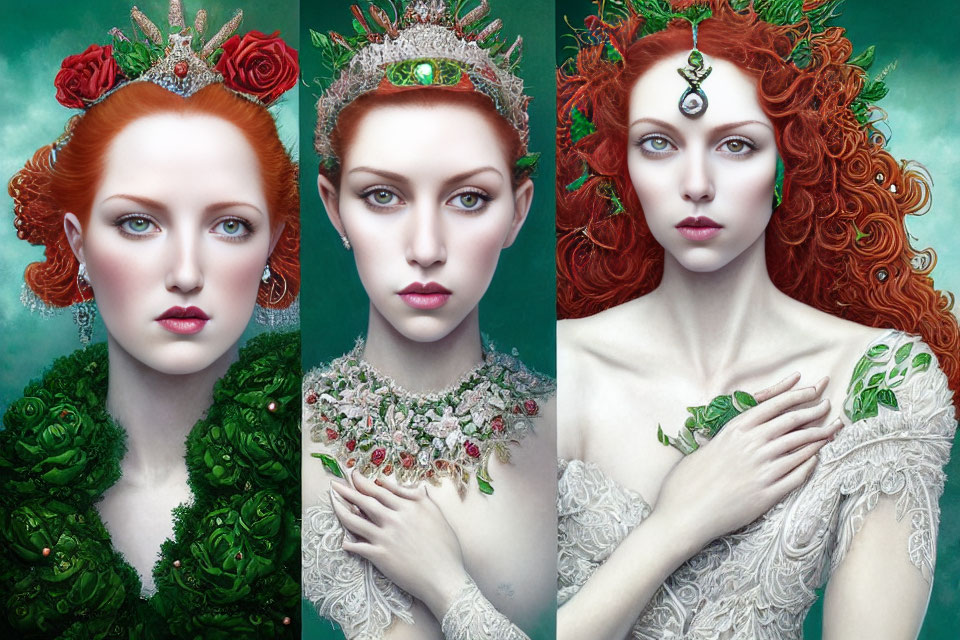 Three portraits of a woman with red hair and green-themed ornate headpieces and floral-patterned clothing