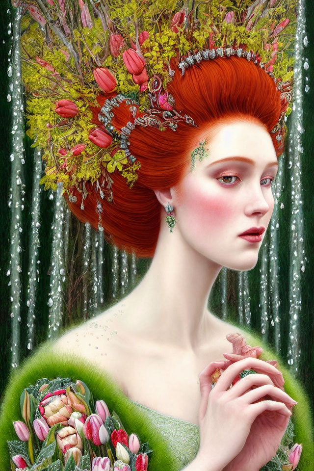 Vibrant red-haired woman with floral adornments in greenery setting