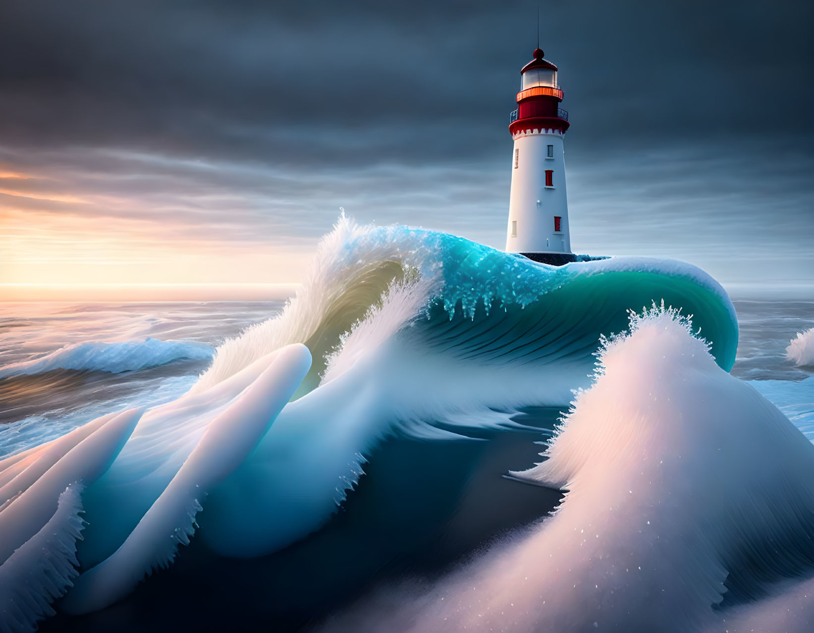 Majestic lighthouse amidst icy waves and dramatic sunset sky