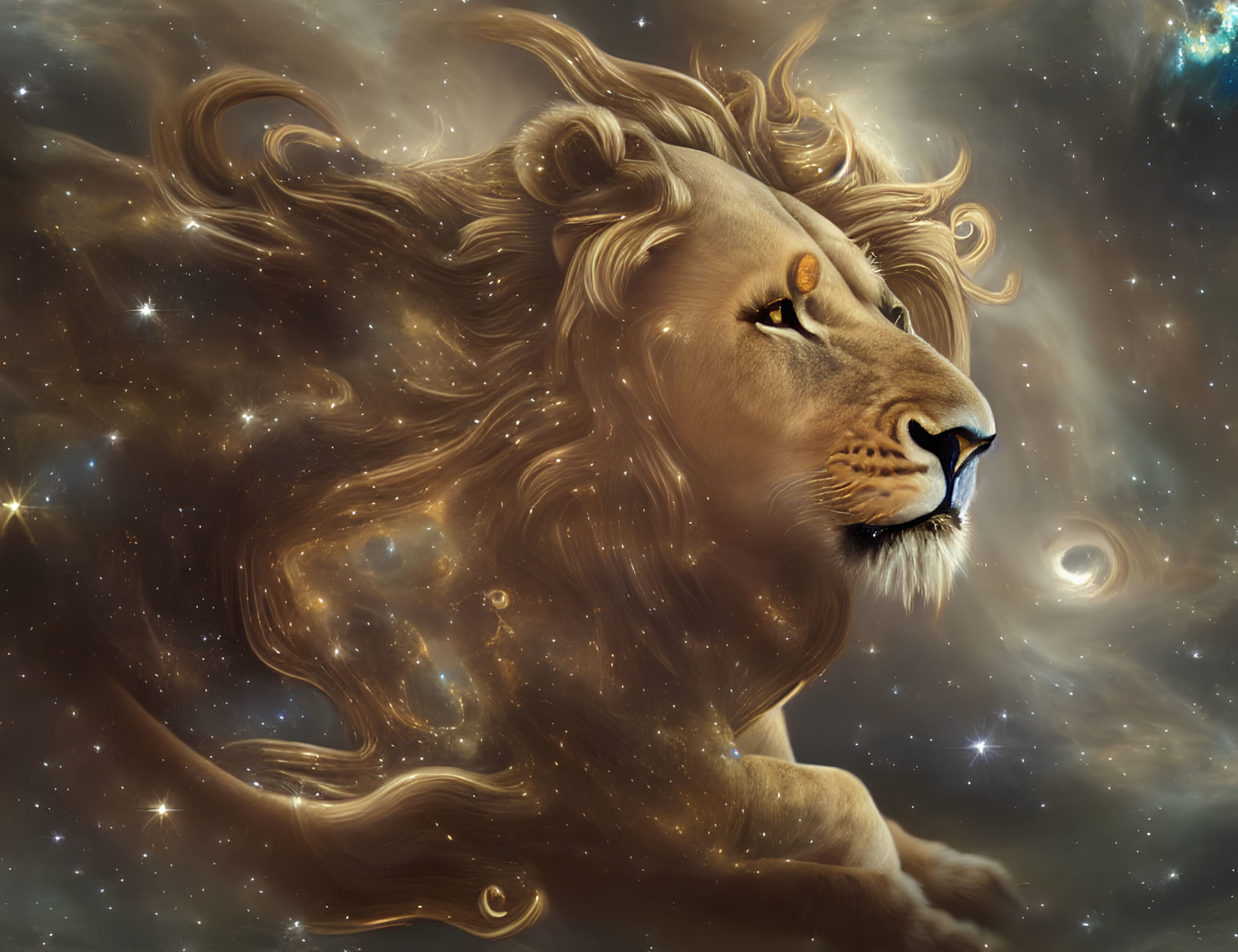 Majestic cosmic lion with star-studded mane in swirling galaxies