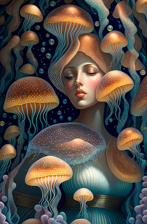 Surreal portrait of woman with jellyfish-like elements in hair against dark sea backdrop