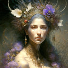 Ethereal woman with elaborate floral headdress and golden accessories