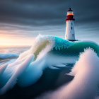 Majestic lighthouse amidst icy waves and dramatic sunset sky