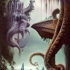 Fantasy artwork of woman with horned creature in mysterious cavern with tentacles