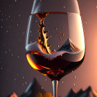 Glass of Cognac with Mountain Scene Splash and Backlighting