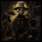 Skull-faced scarecrow with crows in twilight field