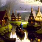 Tranquil Fantasy Village at Dusk with Thatched Cottages and Serene River