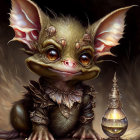 Whimsical bat-eared creature with sparkling eyes beside jeweled lamp on starry background