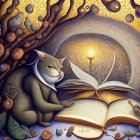 Stylized cats with intricate patterns reading a glowing book in whimsical setting