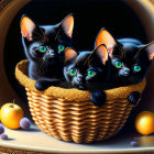 Four black kittens with green eyes in wicker basket with fruits, flowers, and bug