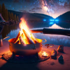 Scenic night view: campfire by lake, tent, starry sky & forest