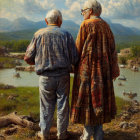 Elderly couple admiring river landscape with boats and mountains