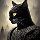 Majestic black cat in armor against castle backdrop