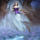 Fantasy woman in purple corset and white skirt in mystical setting