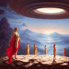 Robed figures on mountain gazing at ringed planet, one holding spear.