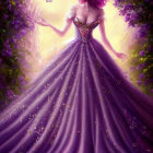 Woman in Glittering Purple Ballgown Surrounded by Magical Flowers