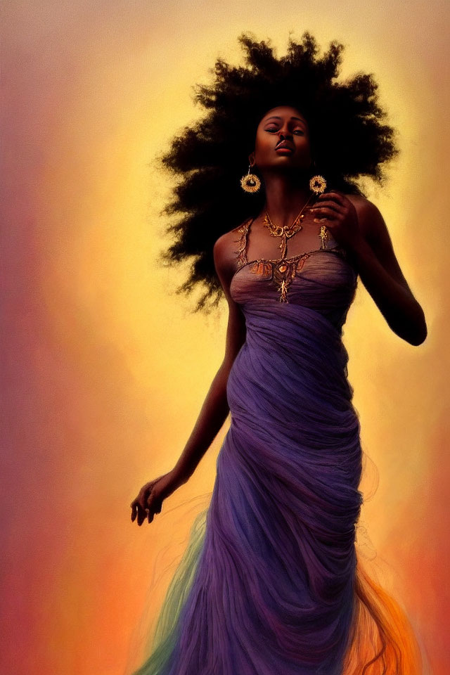 Voluminous hair woman in purple dress with golden jewelry