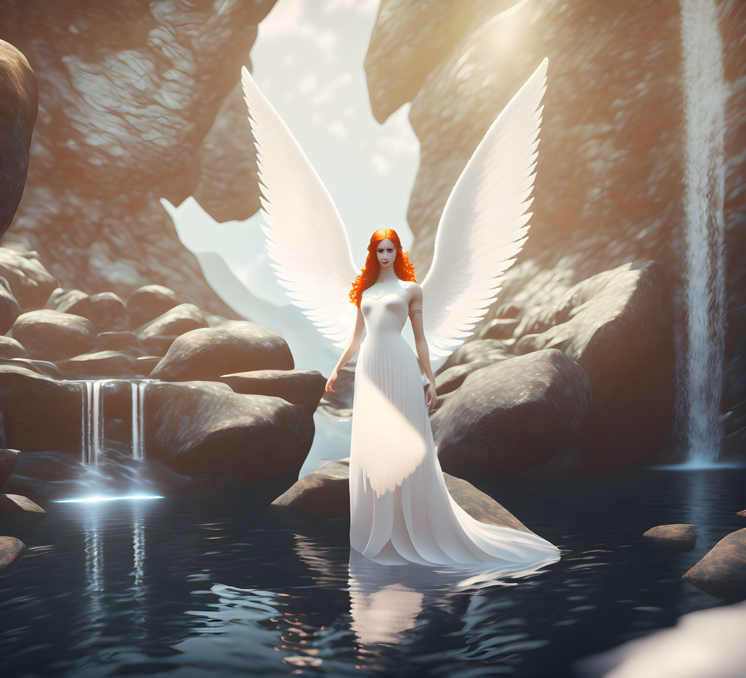 Ethereal woman with white wings in flowing dress by serene water