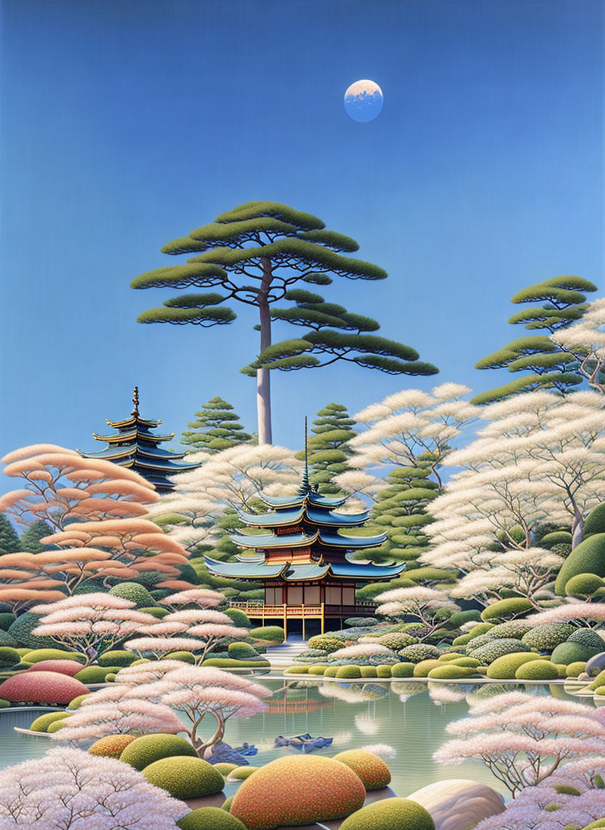 Japanese landscape with trees, temple, pagoda, and pond under clear sky