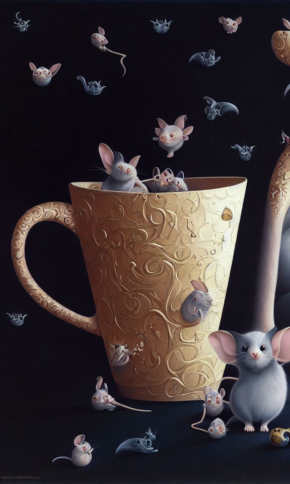 Whimsical painting of adorable mice with golden teacup