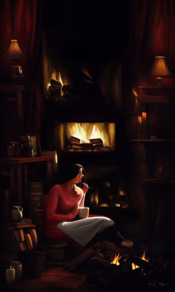 Cozy scene of person in red sweater by fireplace