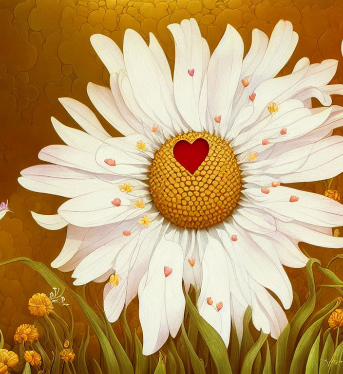 Stylized white daisy with red heart and golden background