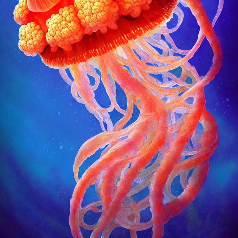 Colorful Orange Jellyfish in Deep Blue Ocean Background