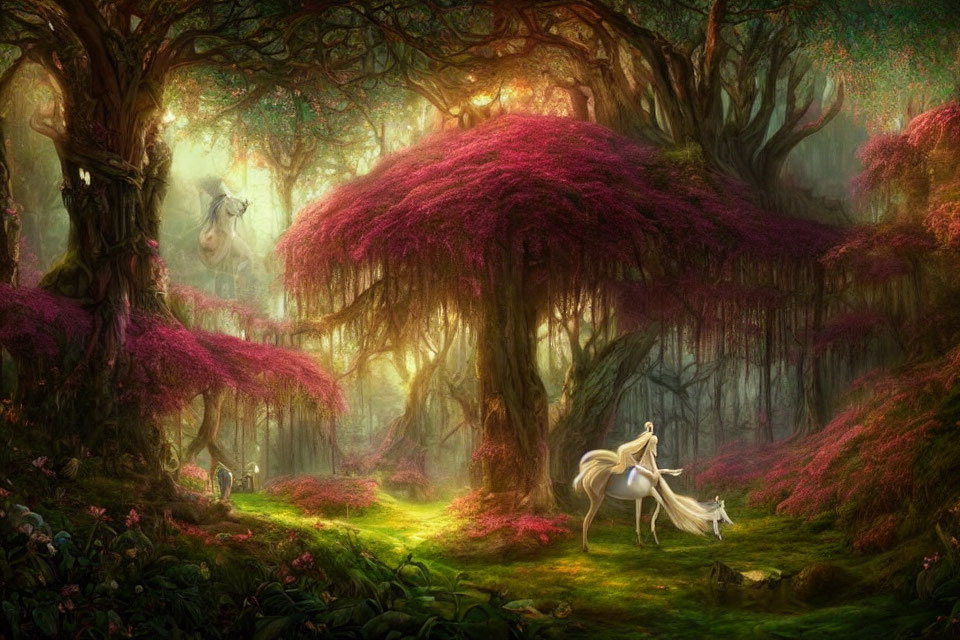 Ethereal forest scene with white unicorn under pink canopied trees