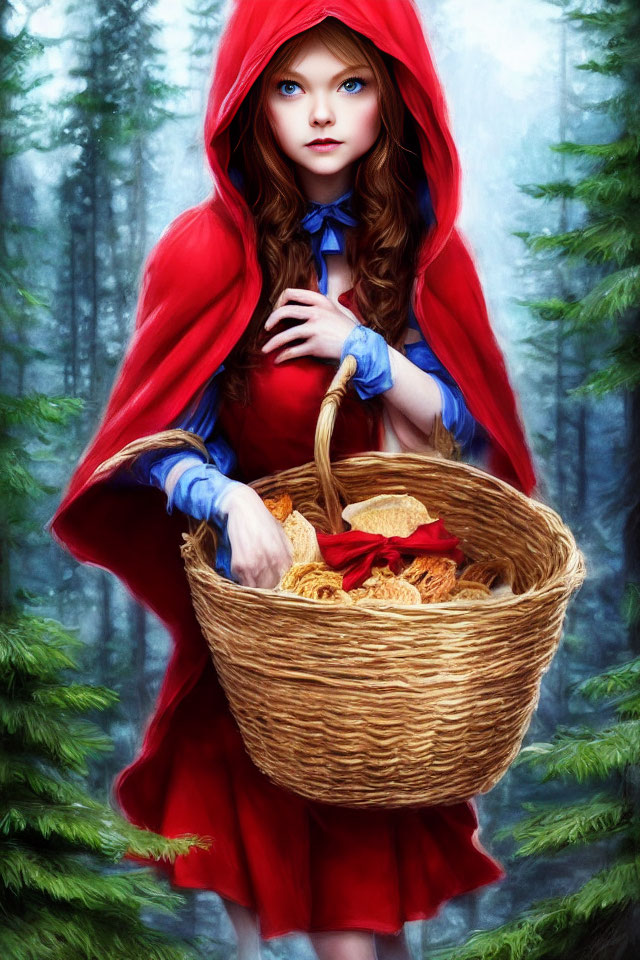 Young Woman in Red Hooded Cloak with Wicker Basket in Misty Forest