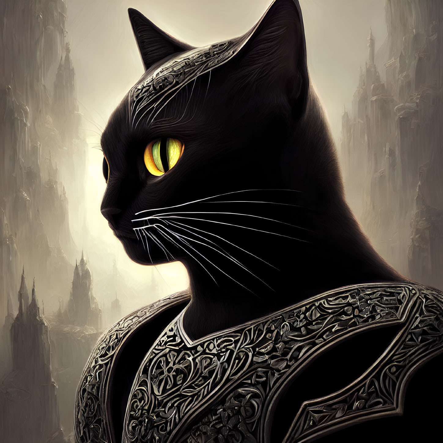 Majestic black cat in armor against castle backdrop