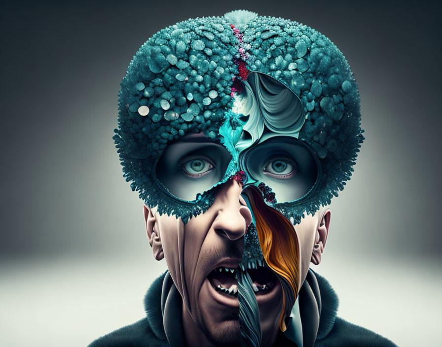 Surreal split-face man artwork with layers and textures