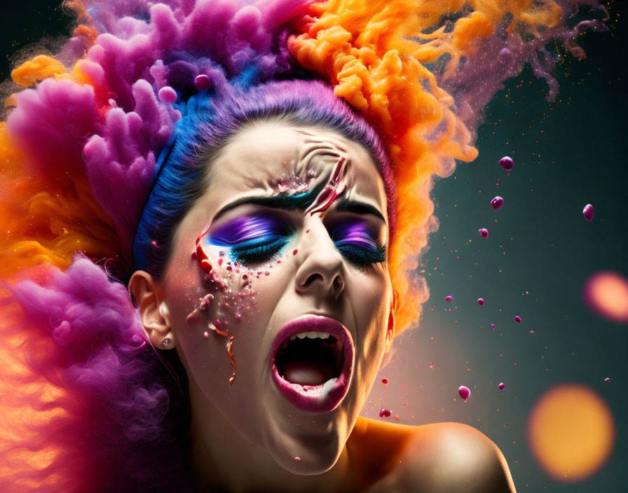 Colorful makeup woman with dynamic colored powder clouds for artistic effect