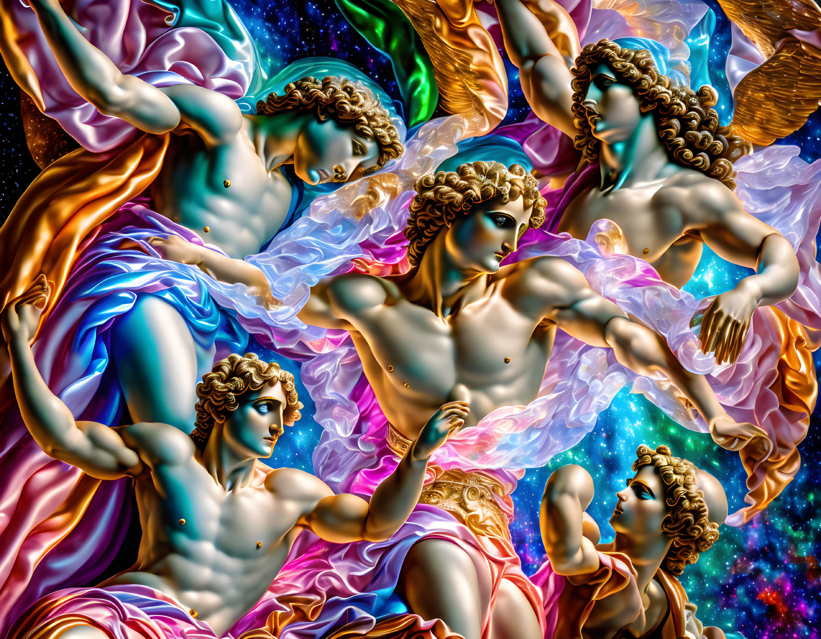 Digital art: Four angels with vibrant wings in cosmic setting