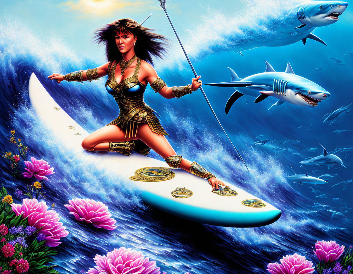Warrior woman in armor rides surfboard with sharks in vibrant ocean