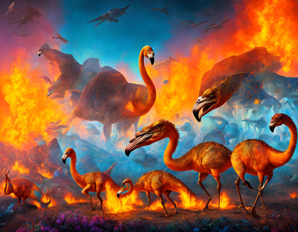 Diverse dinosaur species and flamingos in fiery, apocalyptic scene